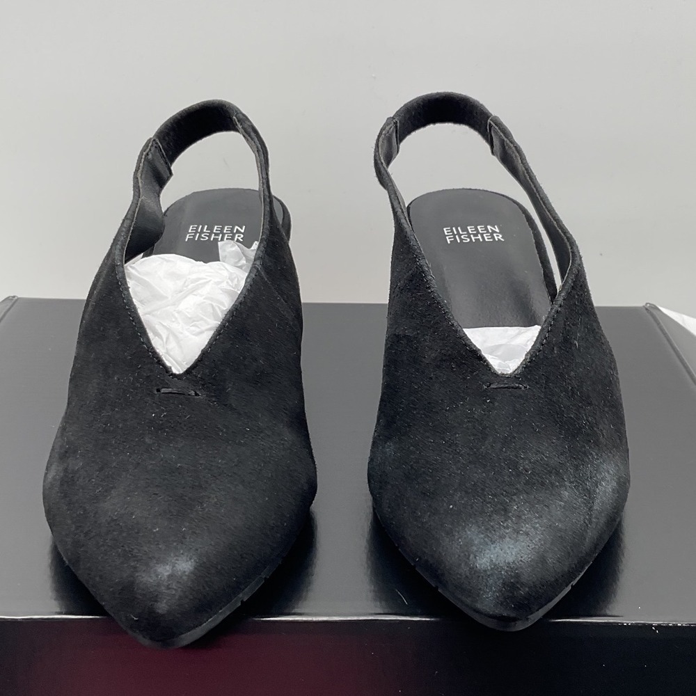 Eileen Fisher Gatwick Suede Slingback Black Pointed Toe V-Cut Slingback Wedge 7